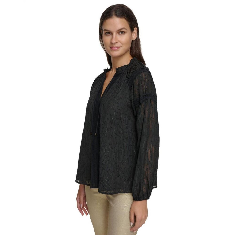 NWT Tommy Hilfiger Women's Textured Split-Neck Top H38T201A M Black - Picture 2 of 7